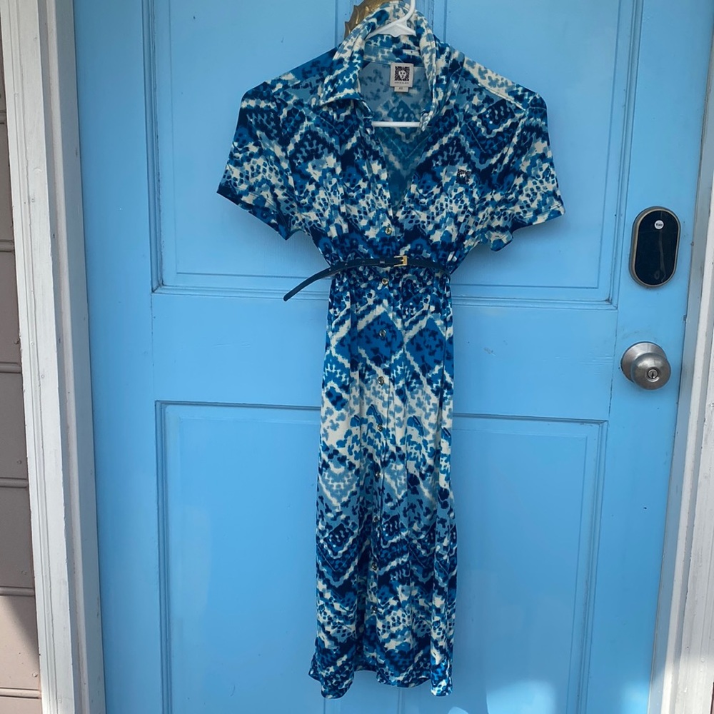 Anne Klein Blue Ikat Belted Dress petite small